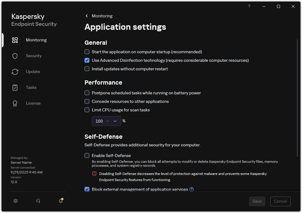 Application settings window. The user can configure performance, self-defense and other settings.