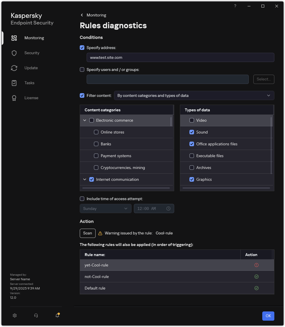 Web resource test results window.