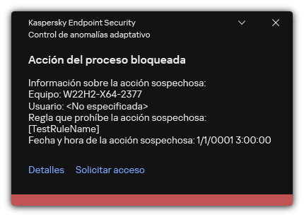 Notificación sobre la activación de una regla. El usuario puede crear una solicitud para permitir una acción de proceso.