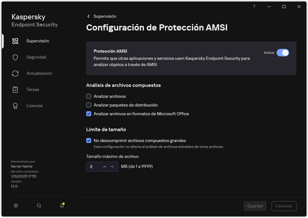 Ventana Configuración de Protección AMSI.
