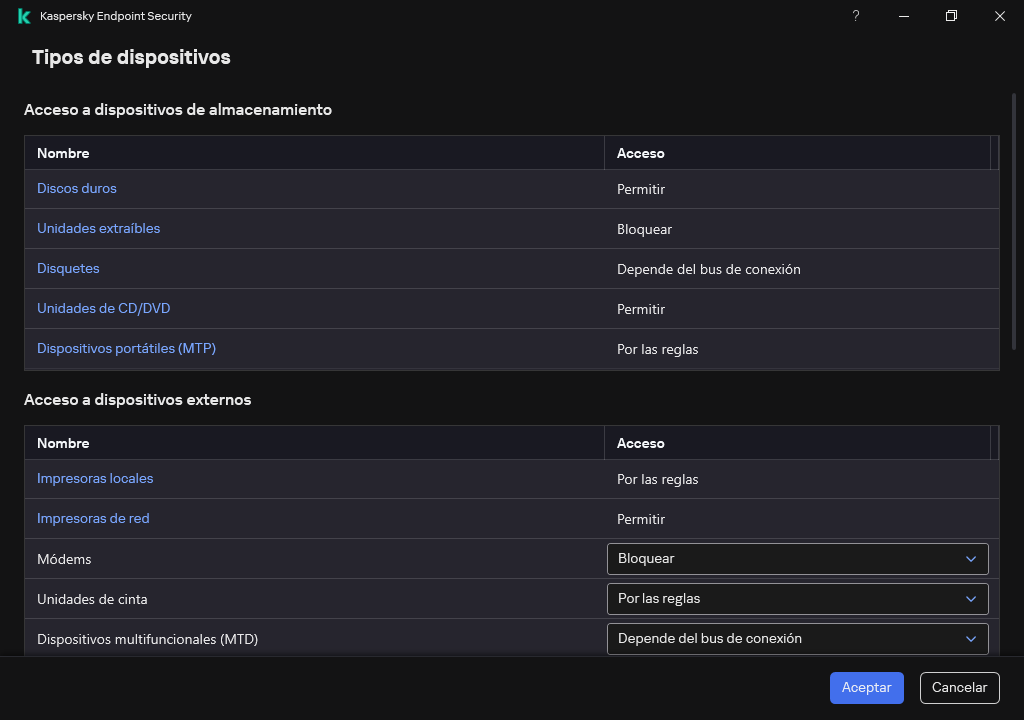 Ventana para configurar el acceso a los dispositivos. El usuario puede configurar el acceso a los dispositivos y establecer parámetros de acceso adicionales, como el horario de acceso.