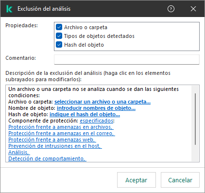 Una ventana con herramientas de selección de exclusión. El usuario puede seleccionar un archivo o carpeta, introducir un nombre de objeto o hash.