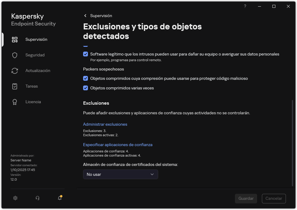 Ventana de configuración de exclusiones. El usuario puede añadir exclusiones y aplicaciones de confianza.