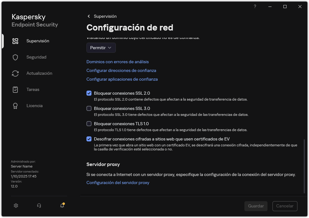 Ventana de configuración de red de la aplicación.