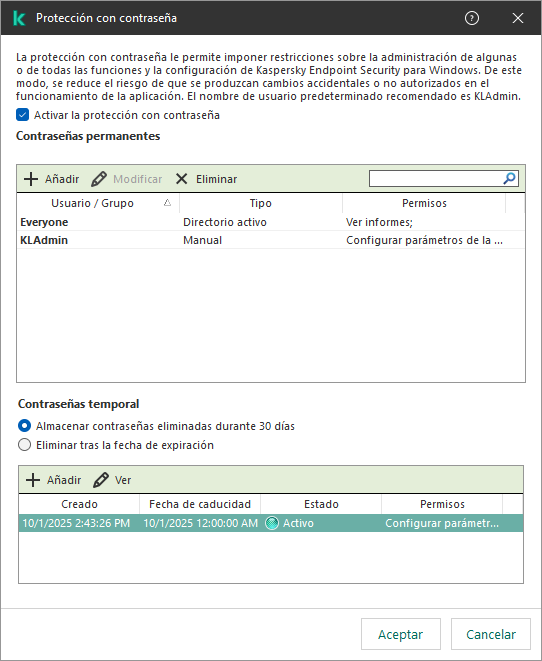 Ventana de administración de contraseñas temporales.
