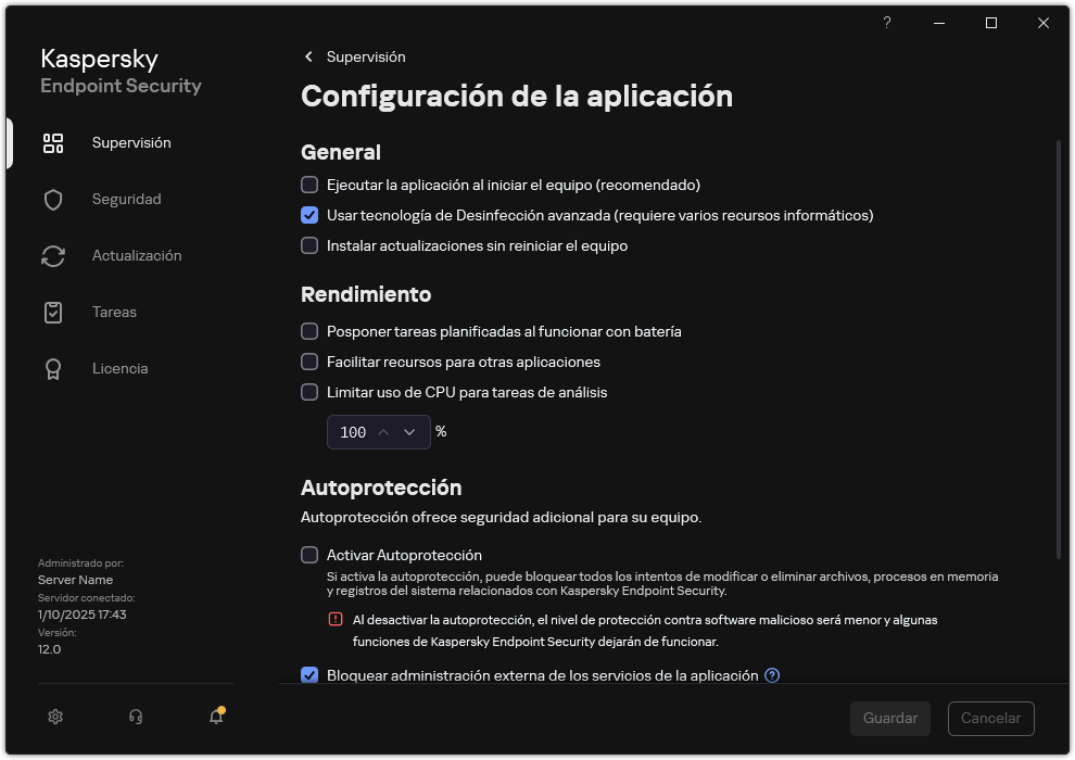 Ventana Configuración de la aplicación. El usuario puede configurar el rendimiento, la autodefensa y otros ajustes.