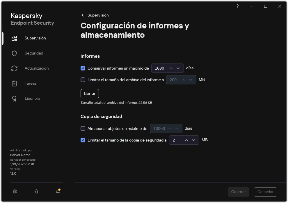 Ventana de configuración de informes y almacenamiento. El usuario puede establecer el tamaño y limitar el tiempo de almacenamiento de informes y objetos en el repositorio.