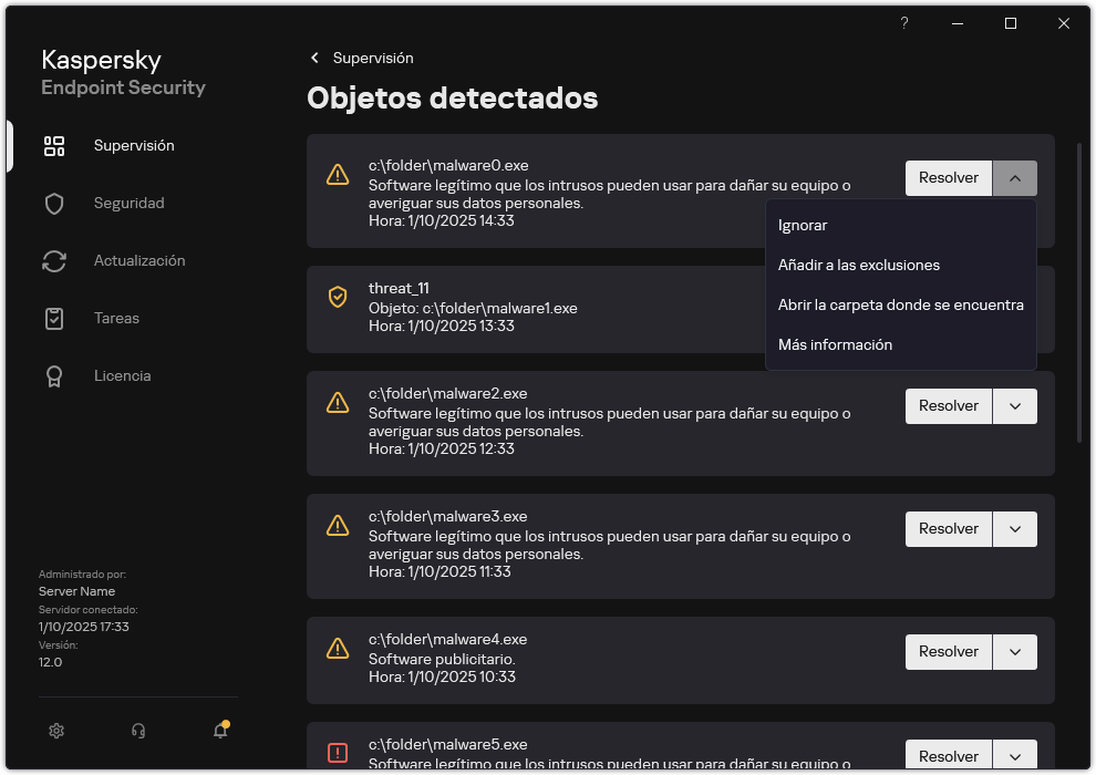 Una ventana con la lista de objetos detectados. Aparece información sobre el objeto. El usuario puede resolver o eliminar el objeto.