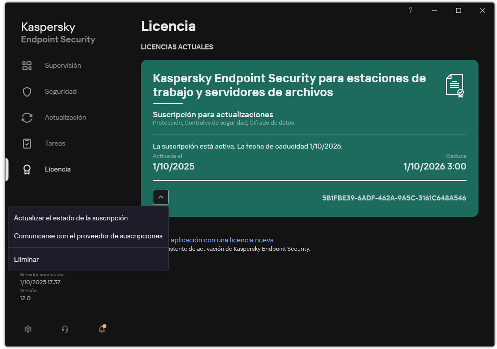 La ventana con información acerca de la licencia. El usuario puede actualizar de la suscripción, ponerse en contacto con el proveedor de la suscripción o eliminar la licencia.
