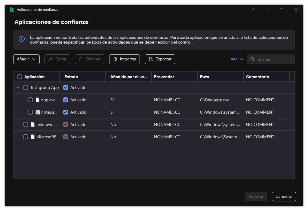 Una ventana con la lista de aplicaciones de confianza. El usuario puede agregar, editar o eliminar una aplicación de confianza.