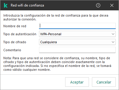 La ventana contiene la configuración de la red wifi de confianza.