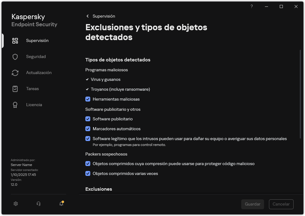 Ventana de configuración de exclusiones. El usuario puede seleccionar tipos de objetos detectados y añadir objetos a exclusiones.