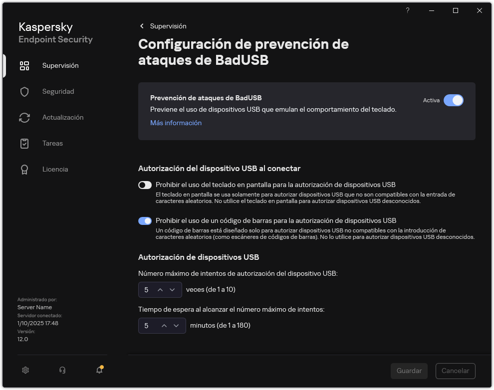 Ventana de configuración de Prevención de ataques de BadUSB.