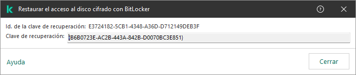 Una ventana con la clave para restaurar el acceso a la unidad cifrada que no es del sistema.
