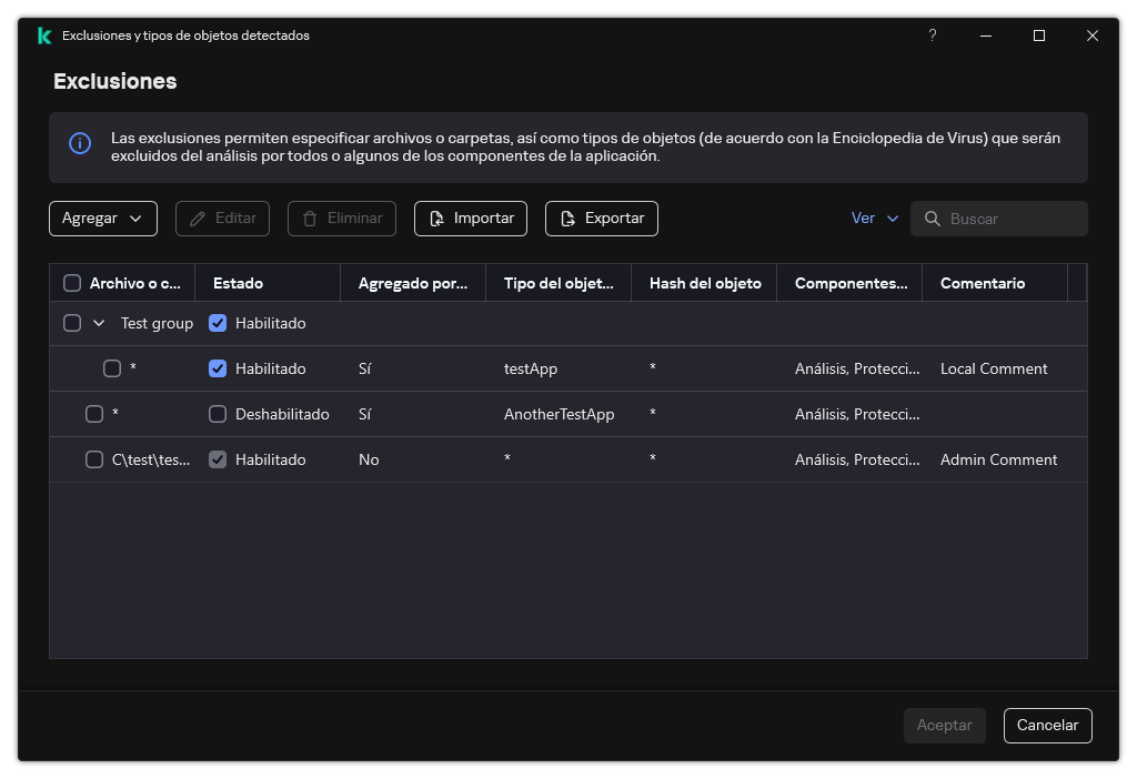 Una ventana con la lista de exclusiones. Se muestran las propiedades de exclusión. El usuario puede agregar, editar o eliminar exclusiones.
