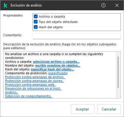 Una ventana con herramientas de selección de exclusión. El usuario puede seleccionar un archivo o una carpeta, ingresar un nombre de objeto o un hash.