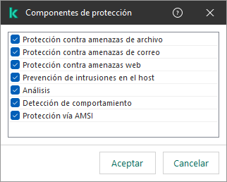 Una ventana con la lista de componentes de la aplicación. La exclusión se aplica únicamente a la operación de los componentes seleccionados.