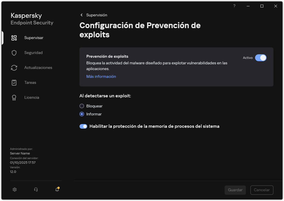 Ventana de configuración de Prevención de exploits
