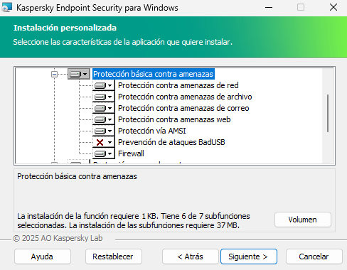 Ventana del instalador que contiene una lista de componentes que un usuario puede seleccionar.