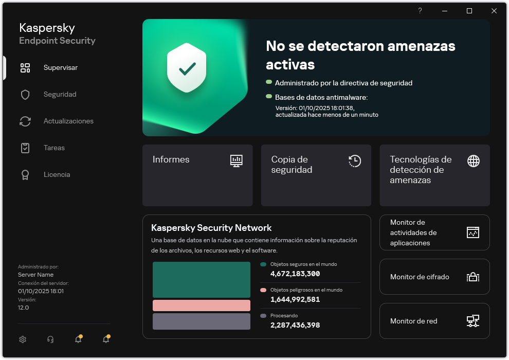 La ventana principal de la aplicación contiene secciones para la supervisión de la seguridad informática y el control de aplicaciones.
