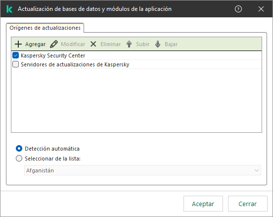 Una ventana con la lista de orígenes de actualizaciones. El usuario puede agregar orígenes de actualizaciones y asignar una prioridad a la fuente.
