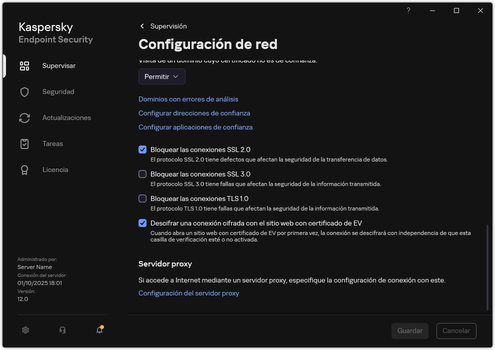Ventana Configuración de red de la aplicación.