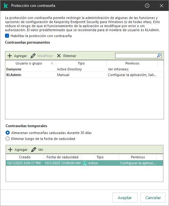 Ventana de Administración de contraseñas temporales.