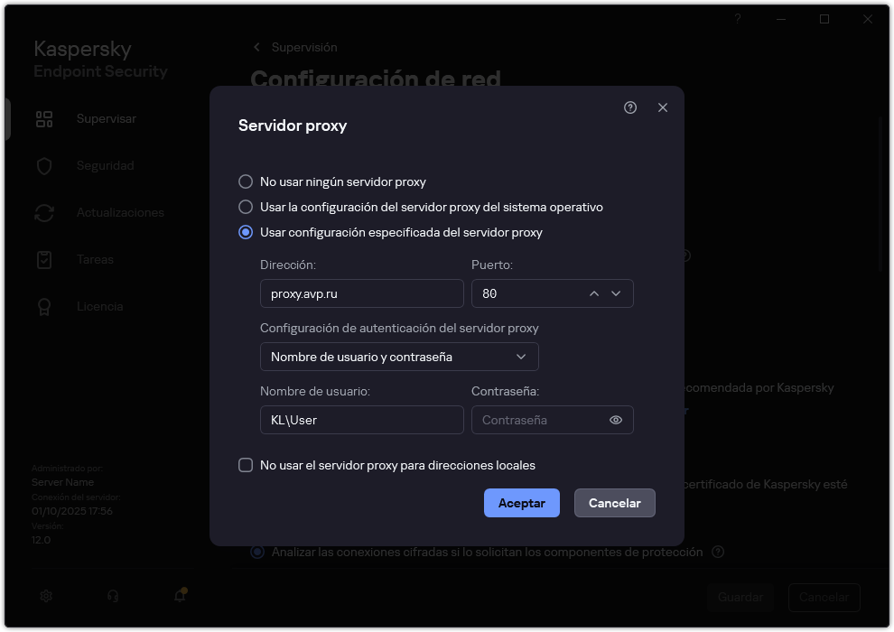 La ventana para configurar la conexión del servidor proxy. El usuario puede configurar la dirección del servidor proxy y las credenciales para conectarse al servidor proxy.
