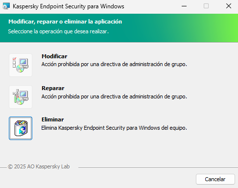 Ventana del instalador con una lista de operaciones disponibles: cambiar el conjunto de componentes, reparar la aplicación, eliminar la aplicación.