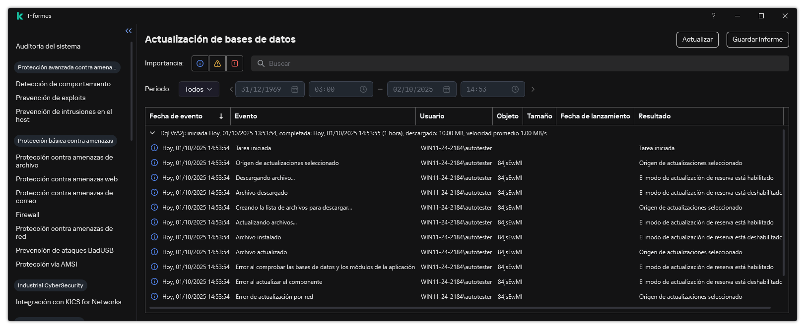 Una ventana con la lista de eventos en el informe. El usuario puede filtrar/ordenar eventos y guardar informes en un archivo.