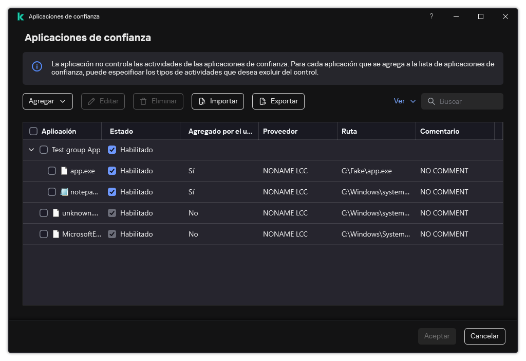 Una ventana con la lista de aplicaciones de confianza. El usuario puede agregar, editar o quitar una aplicación de confianza.