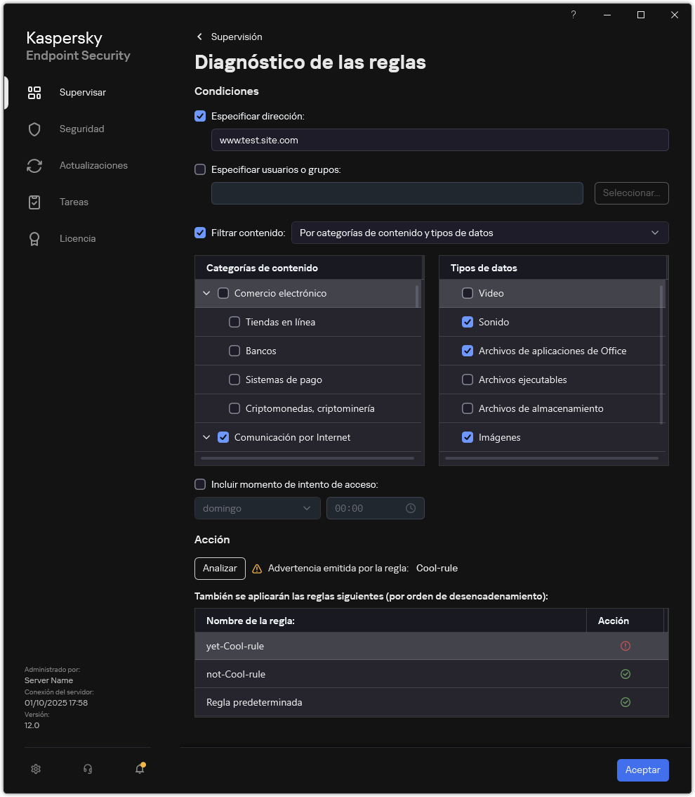 Ventana de resultados de la prueba del recurso web.