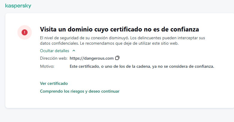 Notificación de Kaspersky sobre la visita a un dominio cuyo certificado no es de confianza en la ventana del navegador. El usuario puede seguir trabajando.