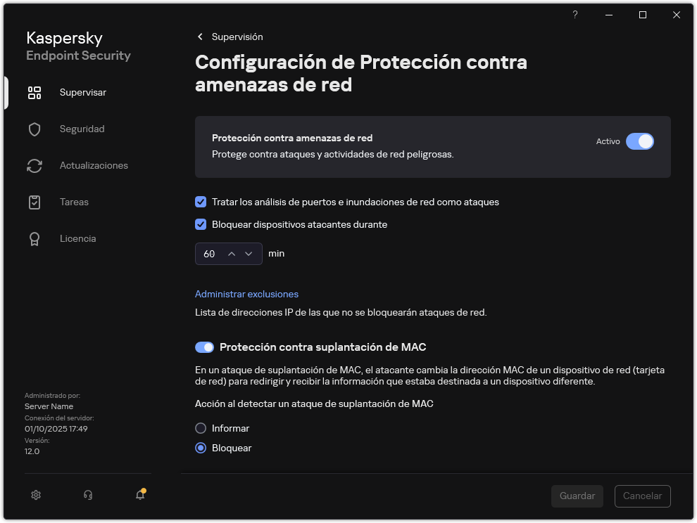 Ventana de configuración de Protección contra amenazas de red