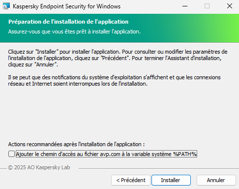 La fenêtre des paramètres d'installation : protection de l'installation, compatibilité avec Citrix PVS, variables du système pour avp.com.