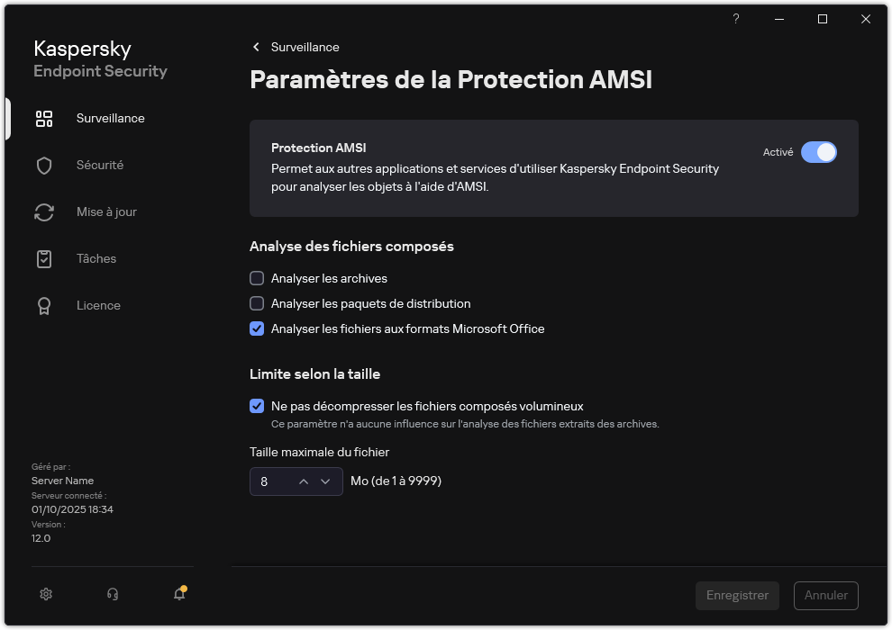 Fenetre des paramètres de protection AMSI.