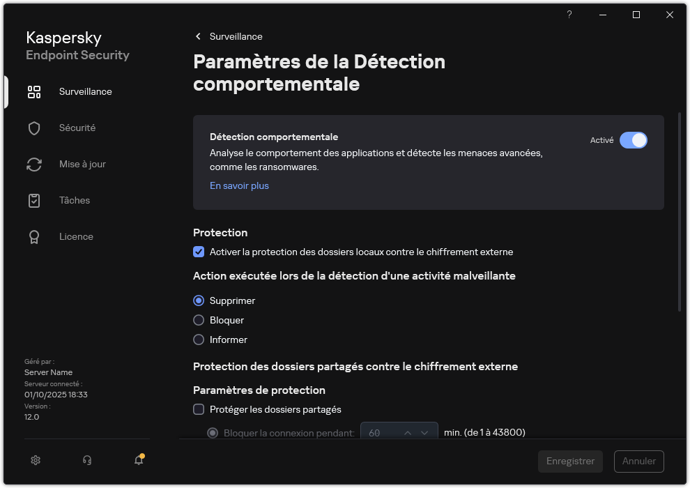 Fenêtre des paramètres de la Détection comportementale
