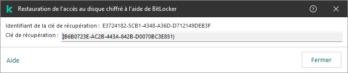 Une fenêtre contenant la clé permettant de restaurer l'accès au disque non-système chiffré.