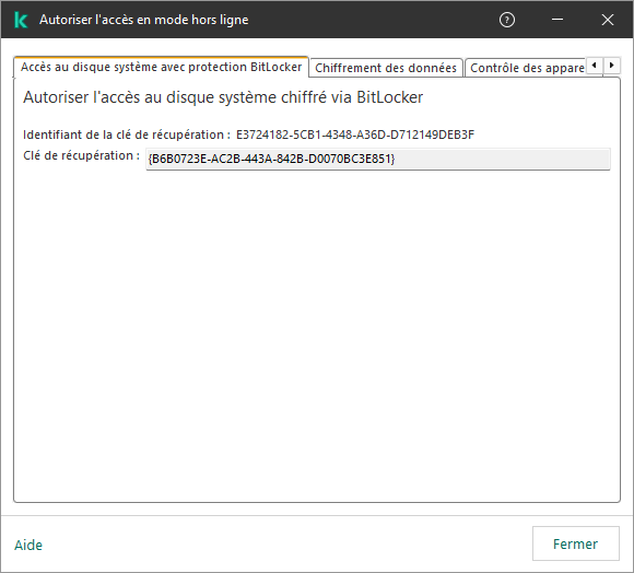 Une fenêtre contenant la clé permettant de restaurer l'accès au disque système chiffré.