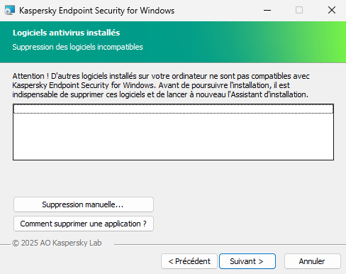 La fenêtre de l'installateur avec une liste de logiciels incompatibles. L'utilisateur peut lancer la suppression des logiciels incompatibles.