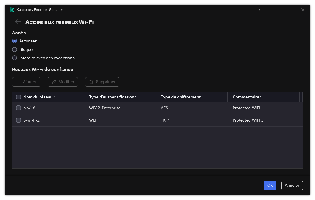 Une fenêtre avec la liste de réseaux Wi-Fi. L'utilisateur peut configurer l'accès à tous les réseaux Wi-Fi et ajouter des réseaux Wi-Fi de confiance.