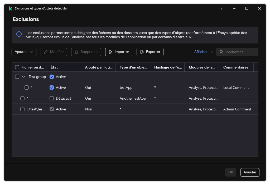 Une fenêtre avec la liste des exclusions. Les propriétés d'exclusion sont affichées. L'utilisateur peut ajouter, modifier ou supprimer des exclusions.