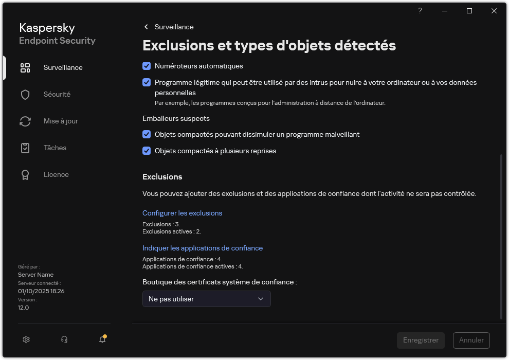 Fenêtre des paramètres d'exclusion. L'utilisateur peut ajouter des exclusions et des applications de confiance.