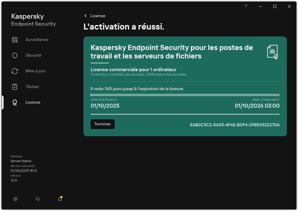 La fenêtre contient des informations sur la licence : date d'expiration, fonctions disponibles et autres informations.