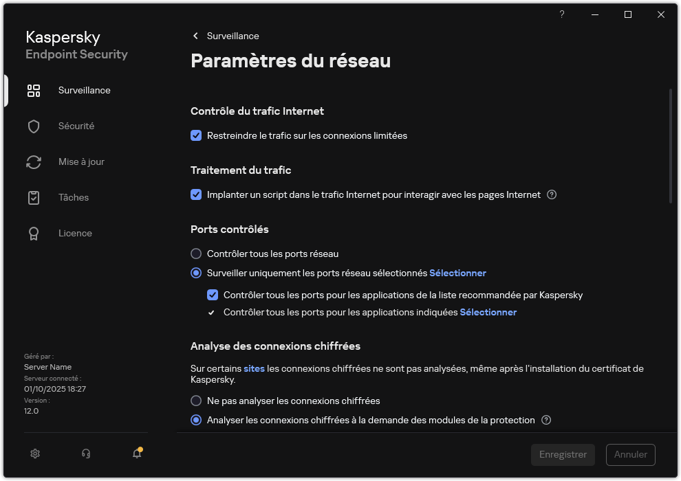 Fenêtre des paramètres réseau des applications.