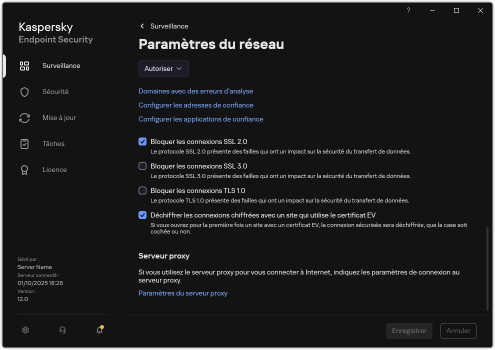 Fenêtre des paramètres réseau des applications.