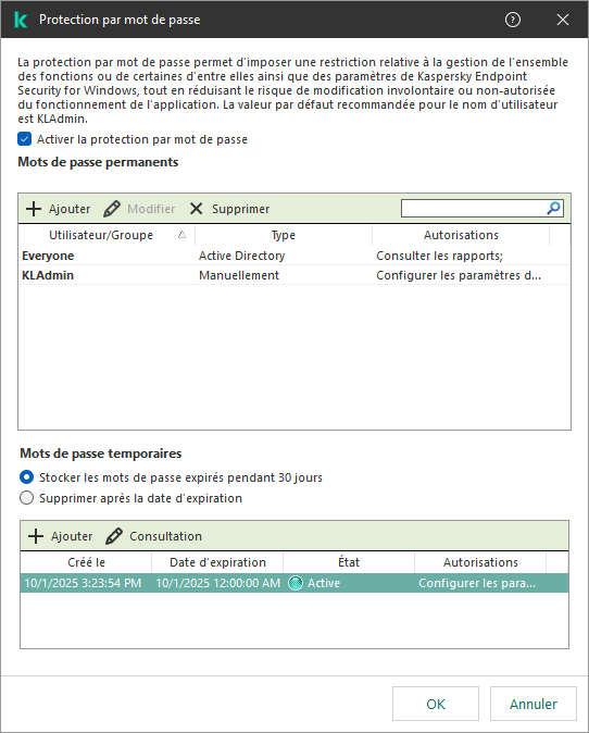 Fenêtre Gestion des mots de passe temporaires.