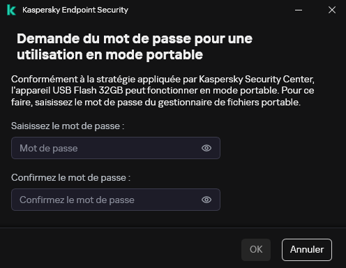 La fenêtre contient des champs pour saisir et confirmer le mot de passe.