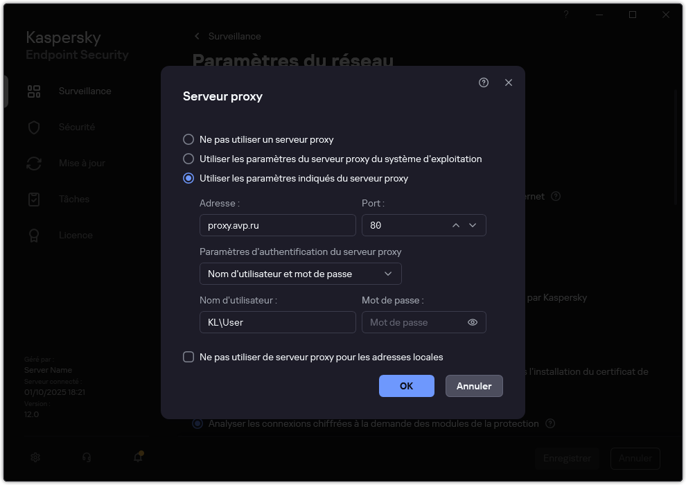 La fenêtre de configuration de la connexion au serveur proxy. L'utilisateur peut définir l'adresse du serveur proxy et les identifiants pour se connecter au serveur proxy.