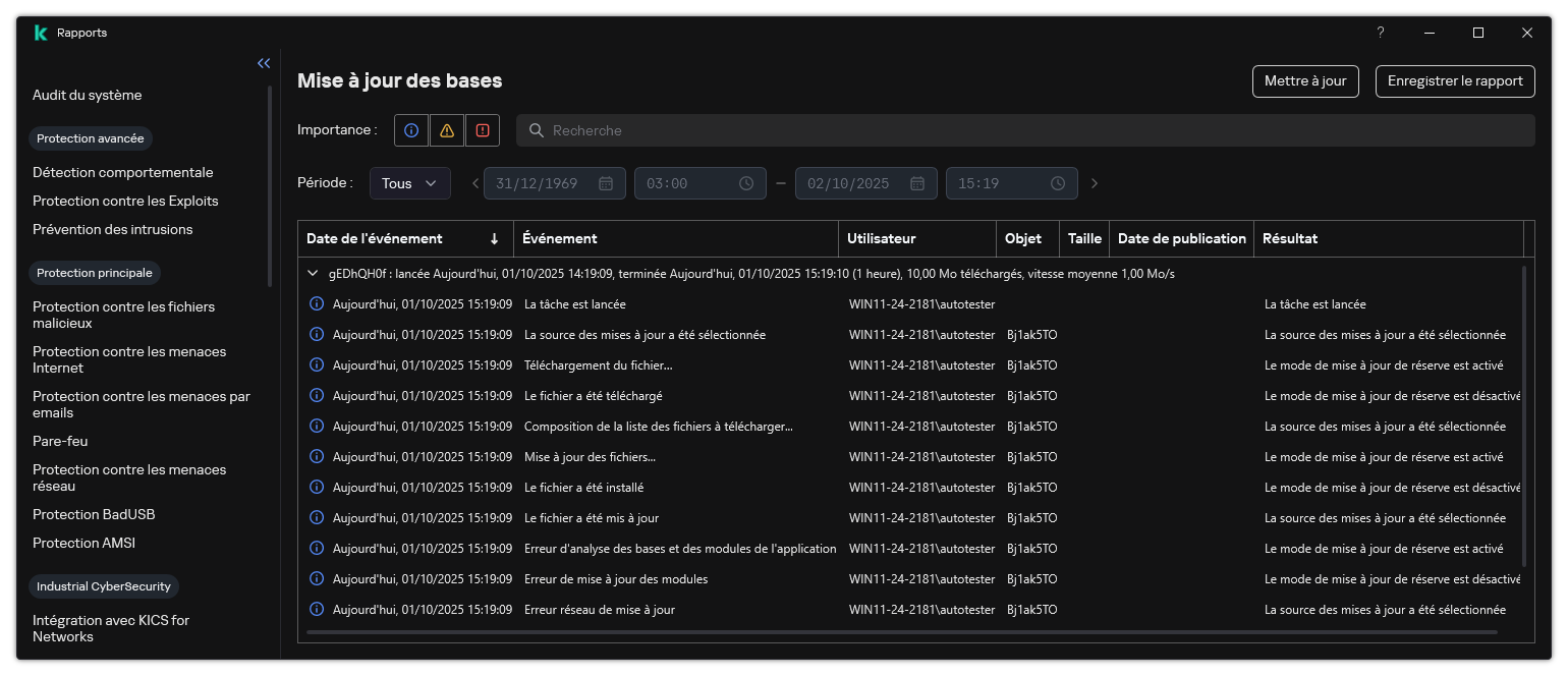 Une fenêtre avec la liste des événements dans le rapport. L'utilisateur peut filtrer/trier les événements et enregistrer les rapports dans un fichier.
